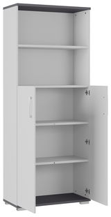 Aktenschrank mit offenem Fach und zwei Türen, teilweise geöffnet, aus seitlicher Perspektive