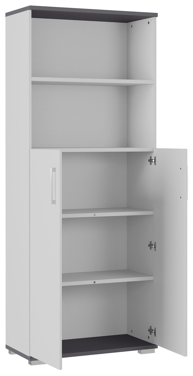 MID.YOU Aktenschrank PROFI 2.0 Aktenschrank mit offenem Fach und zwei Türen, teilweise geöffnet, aus seitlicher Perspektive