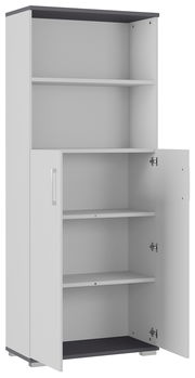 Aktenschrank mit offenem Fach und zwei Türen, teilweise geöffnet, aus seitlicher Perspektive