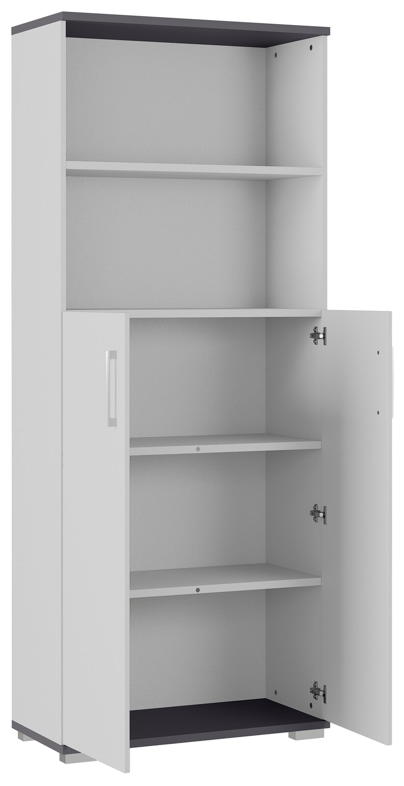 MID.YOU Aktenschrank PROFI 2.0 Aktenschrank mit offenem Fach und zwei Türen, teilweise geöffnet, aus seitlicher Perspektive