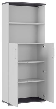 Aktenschrank mit offenem Fach und zwei Türen, teilweise geöffnet, aus seitlicher Perspektive