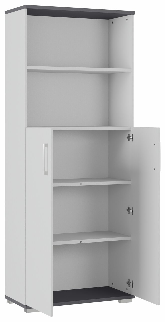 MID.YOU Aktenschrank PROFI 2.0 Aktenschrank mit offenem Fach und zwei Türen, teilweise geöffnet, aus seitlicher Perspektive