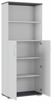 Aktenschrank mit offenem Fach und zwei Türen, teilweise geöffnet, aus seitlicher Perspektive