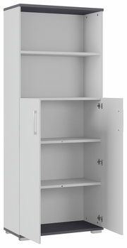 Aktenschrank mit offenem Fach und zwei Türen, teilweise geöffnet, aus seitlicher Perspektive