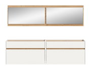 Modernes Sideboard in Weiß mit Holz-Akzenten und zwei großen Frontklappen, dargestellt in Frontansicht sowie zusätzlich als Draufsicht/Top-View der Oberseite