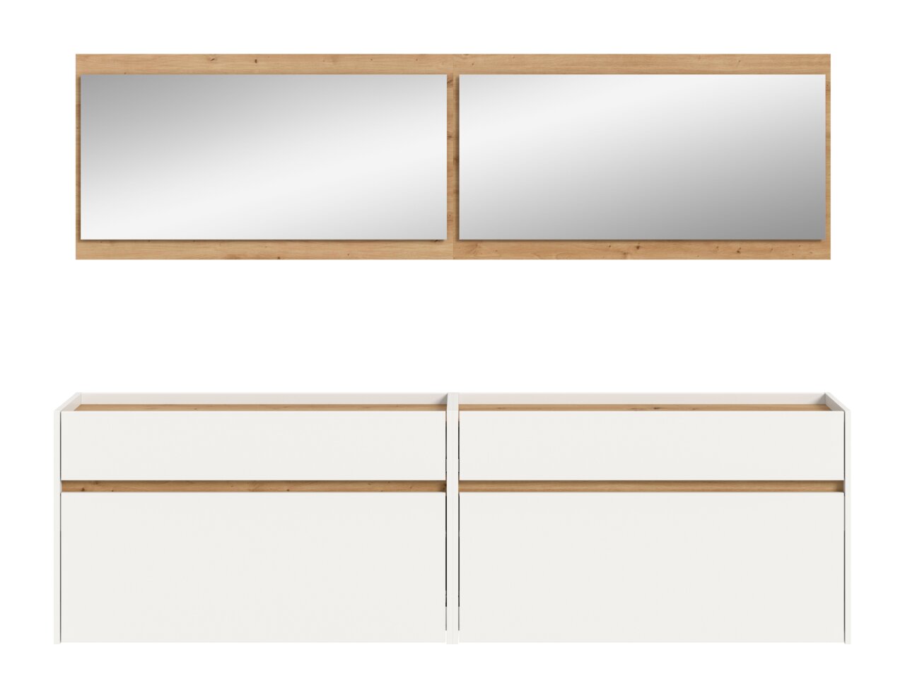 Modernes Sideboard in Weiß mit Holz-Akzenten und zwei großen Frontklappen, dargestellt in Frontansicht sowie zusätzlich als Draufsicht/Top-View der Oberseite