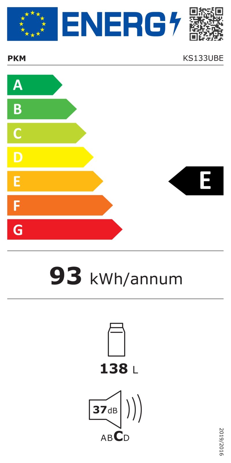 EU-Energielabel für PKM KS133UBE, Energieeffizienzklasse E, 93 kWh/Jahr, 138 L, 37 dB; frontale Ansicht