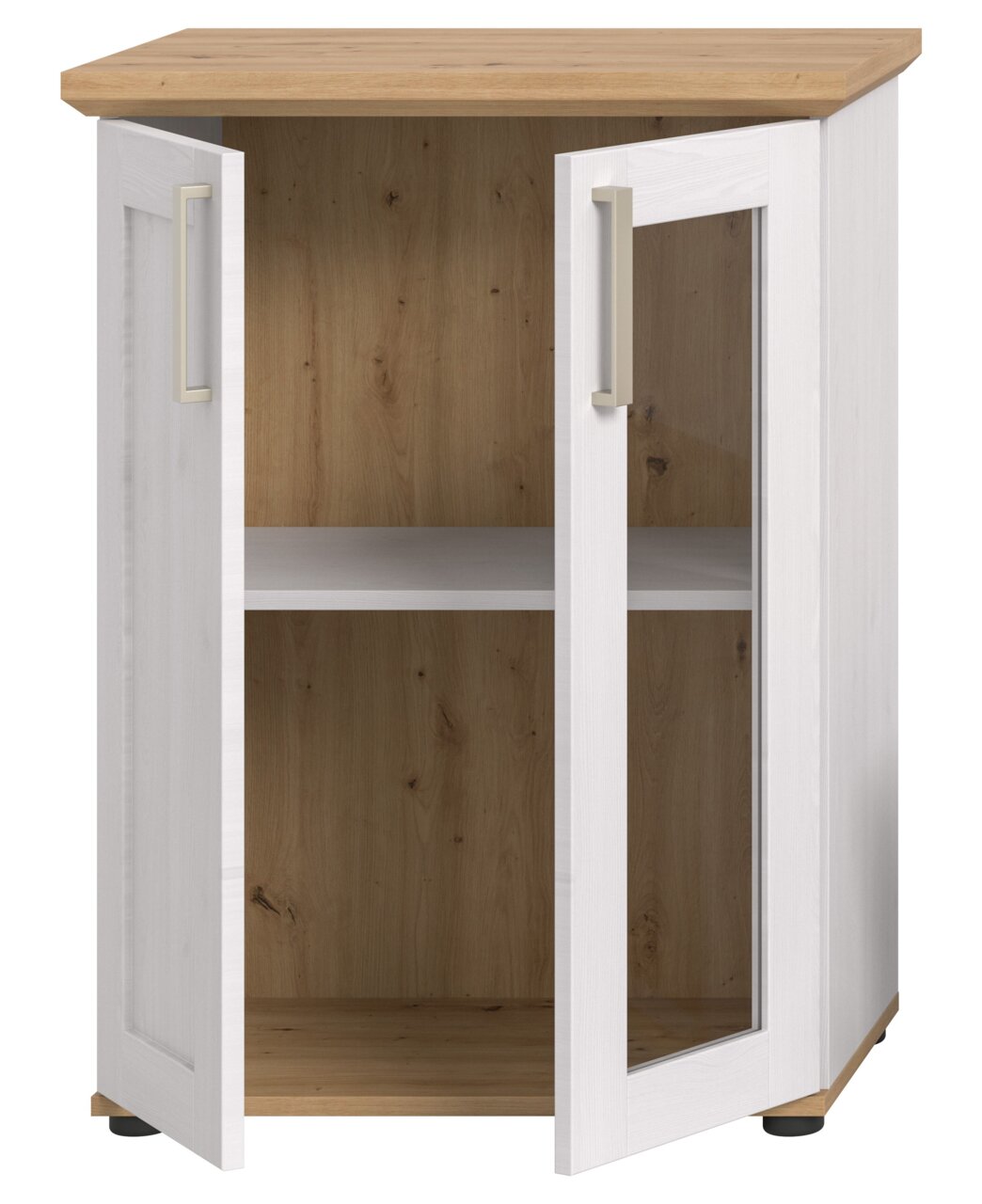 Vitrine mit zwei Glastüren, weißem Rahmen und Holzoberfläche, frontal geöffnet