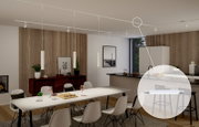 Moderner Wohnraum mit stilvoller Beleuchtung und einem Switchdimmer Zigbee in der Nahaufnahme von unten betrachtet.