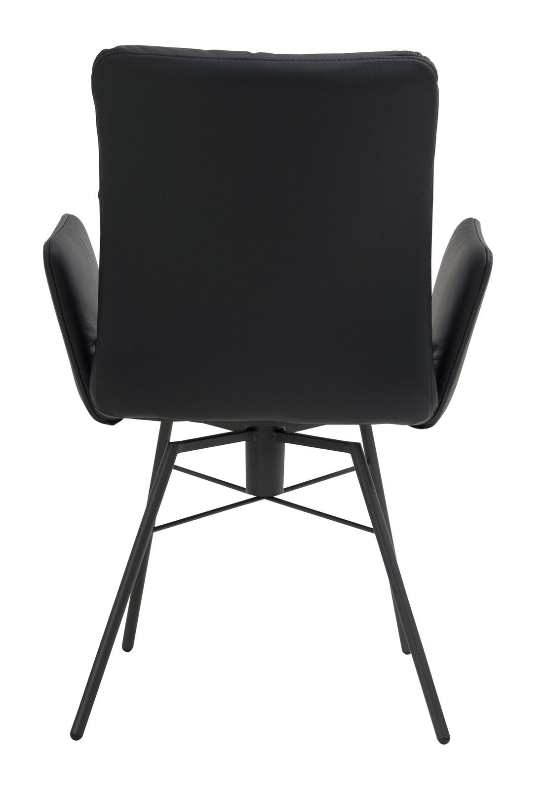 Rückansicht eines schwarzen Armlehnstuhls mit Metallbeinen