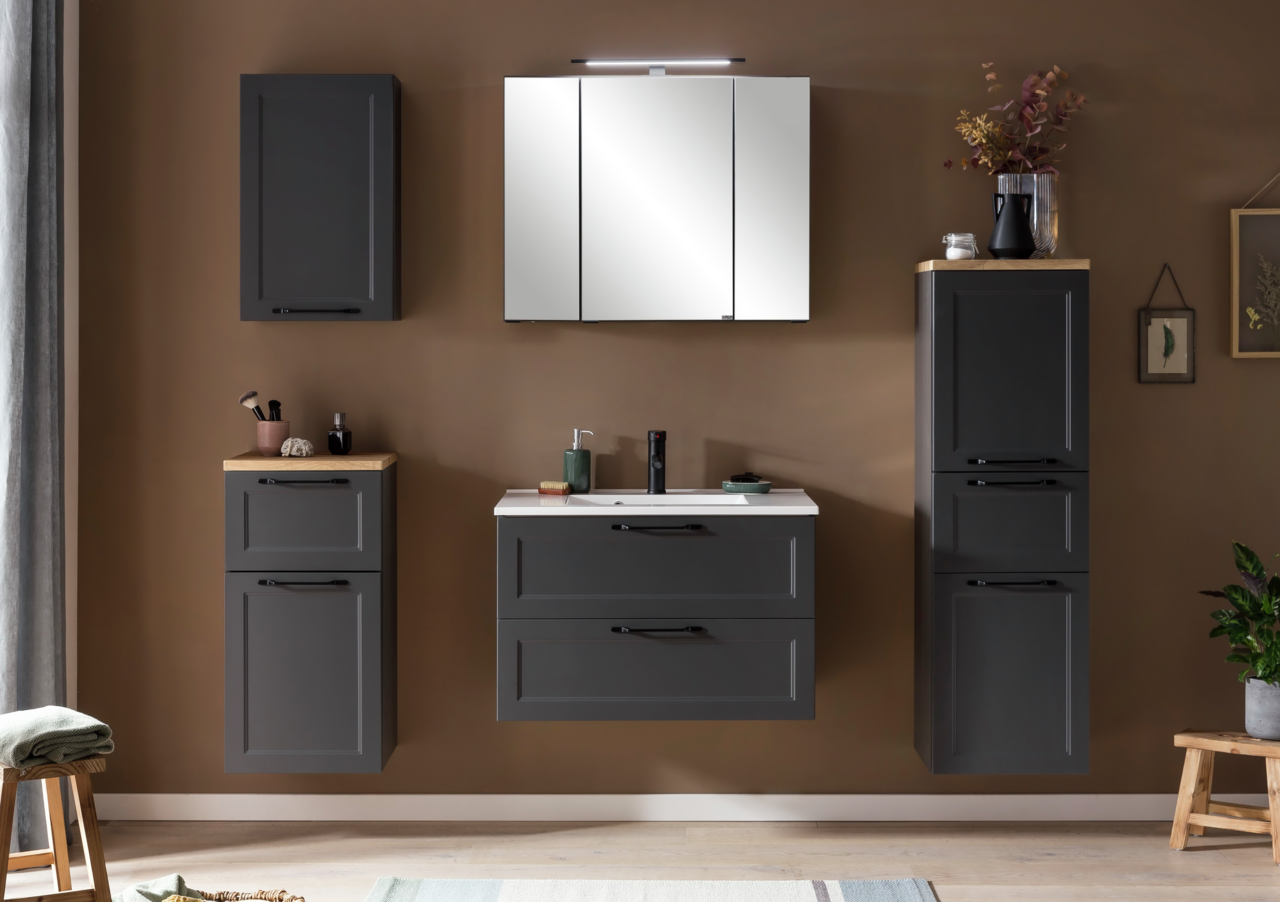 Moderner Midischrank in dunklem Design, Teil eines stilvollen Badezimmersets, frontal abgebildet.