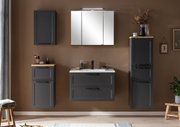 Moderner Midischrank in dunklem Design, Teil eines stilvollen Badezimmersets, frontal abgebildet.