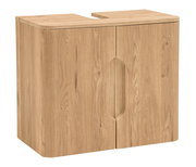 Holz-Badezimmerschrank mit zwei Türen und Aussparung für das Waschbecken, Frontansicht in leichter Schrägperspektive von links