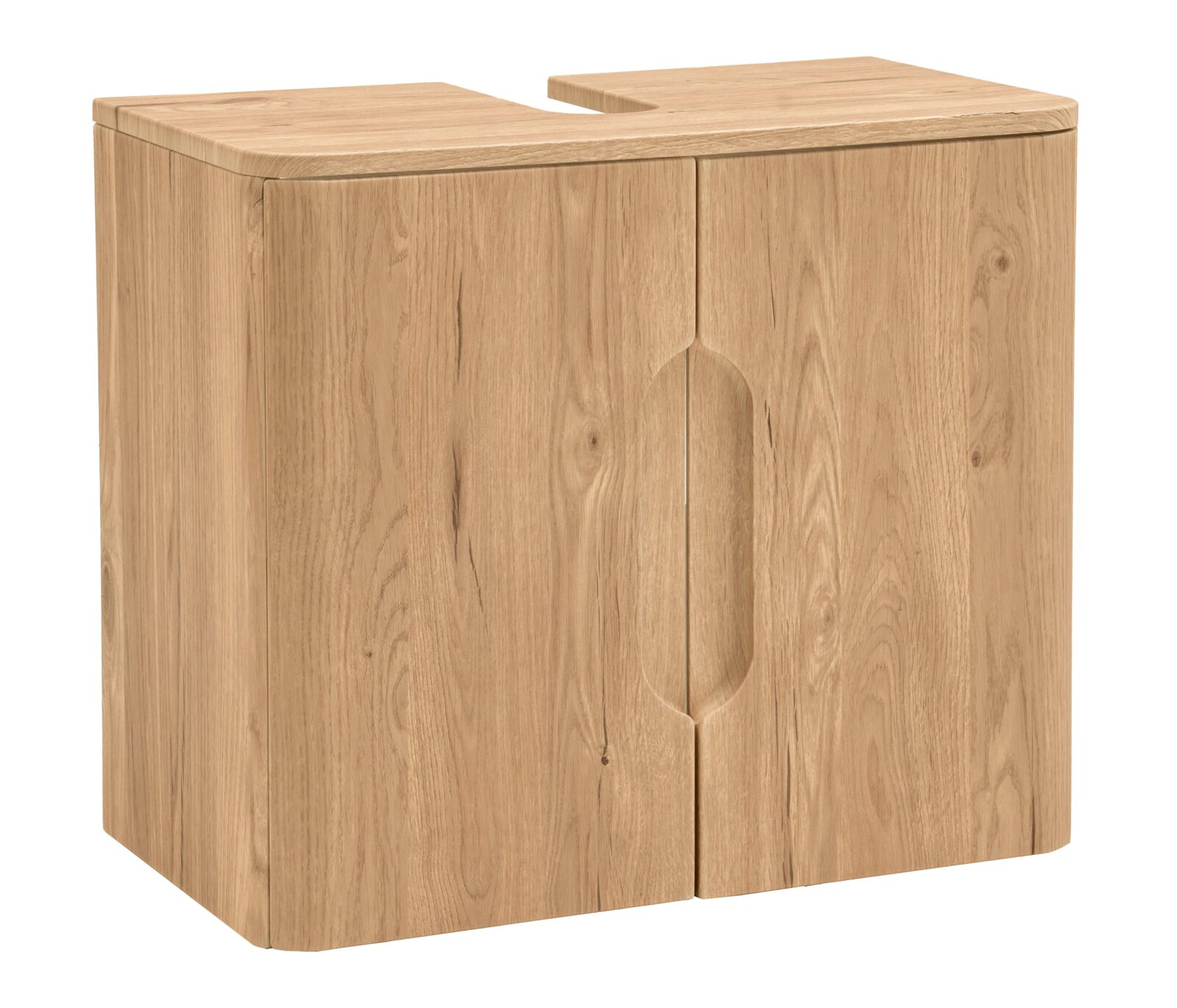 Holz-Badezimmerschrank mit zwei Türen und Aussparung für das Waschbecken, Frontansicht in leichter Schrägperspektive von links