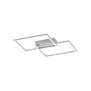 Moderne Deckenleuchte aus Stahl mit zwei überlappenden rechteckigen Rahmen, seitliche Perspektive.