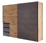 Moderner Schwebetürenschrank mit zwei Türen in Holz- und Betonoptik, seitliche Perspektive.