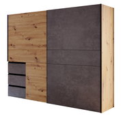 Moderner Schwebetürenschrank mit zwei Türen in Holz- und Betonoptik, seitliche Perspektive.