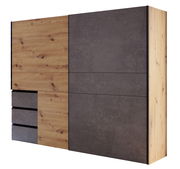 Moderner Schwebetürenschrank mit zwei Türen in Holz- und Betonoptik, seitliche Perspektive.