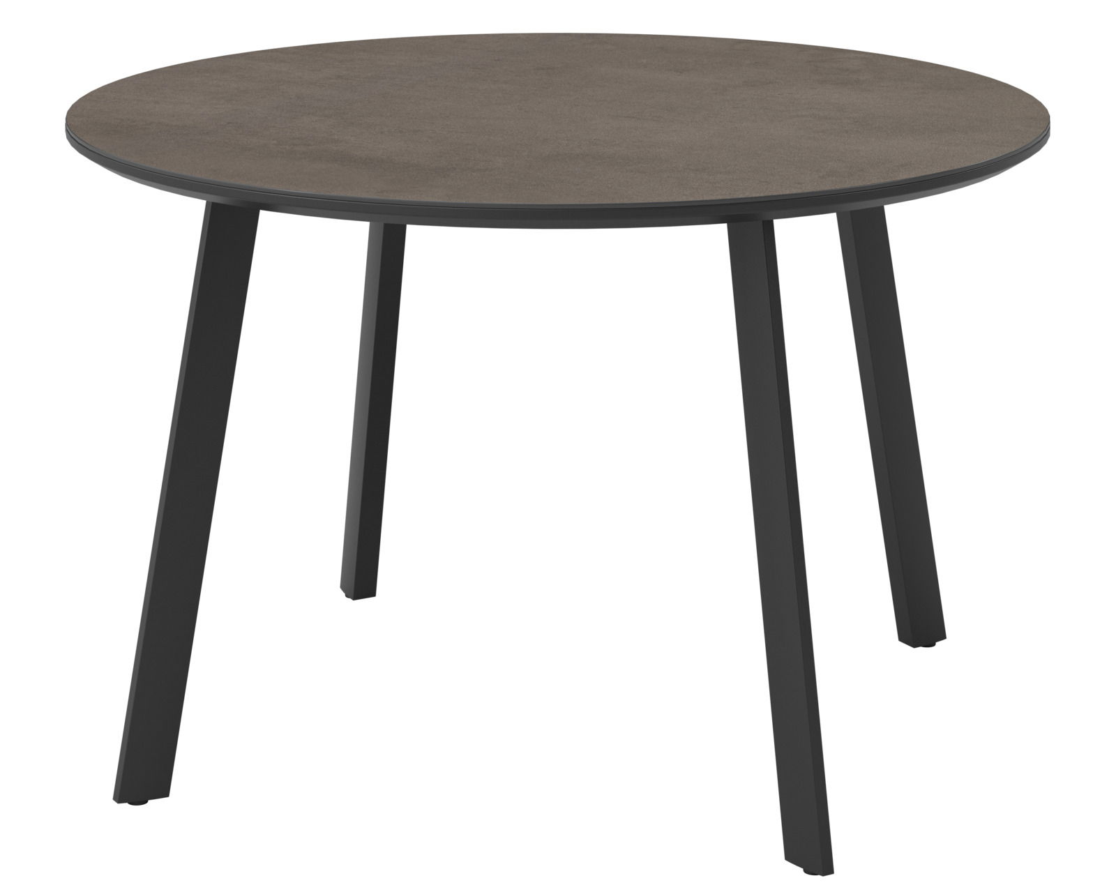 Runder Gartentisch mit dunkler Tischplatte und schwarzen Beinen, seitliche Perspektive