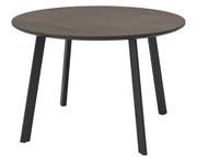 Runder Gartentisch mit dunkler Tischplatte und schwarzen Beinen, seitliche Perspektive