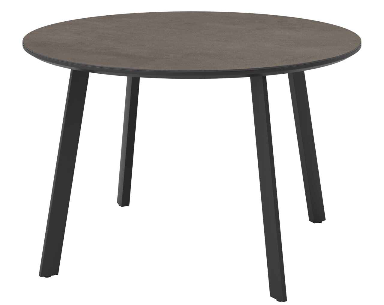 Runder Gartentisch mit dunkler Tischplatte und schwarzen Beinen, seitliche Perspektive