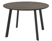 Runder Gartentisch mit dunkler Tischplatte und schwarzen Beinen, seitliche Perspektive