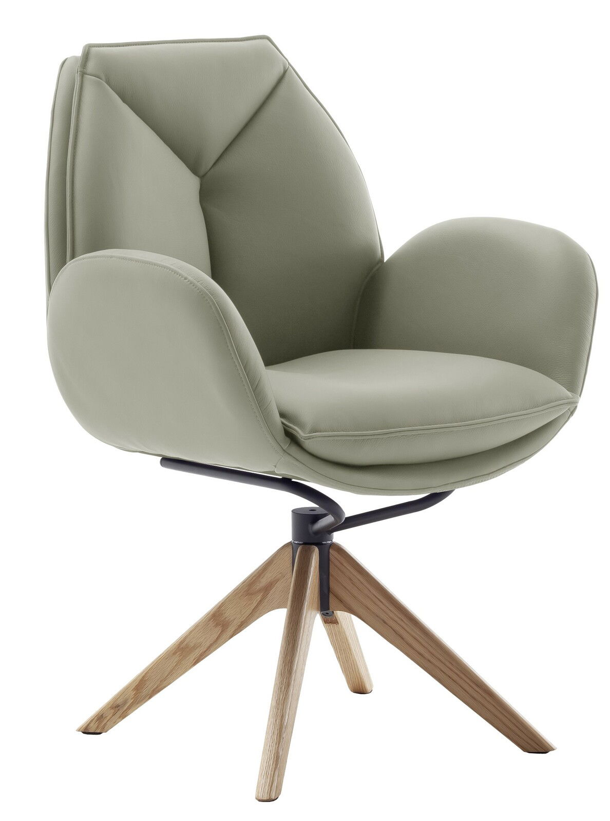 Moderner Armlehnstuhl mit hellgrauem Polster und Holzbeinen, seitliche Perspektive