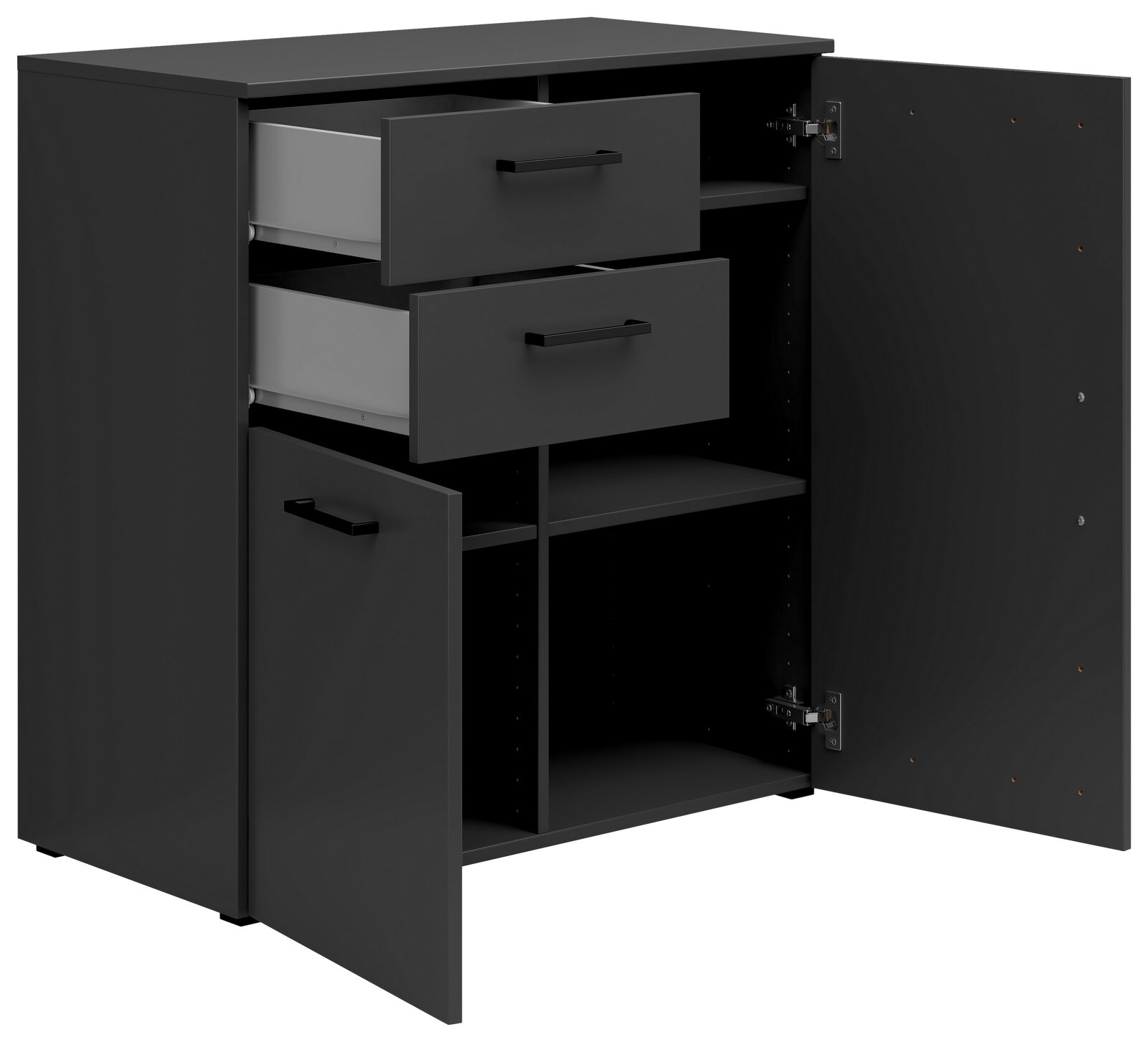 Schwarze Kommode mit zwei offenen Schubladen und zwei offenen Türen, Perspektive von vorne links