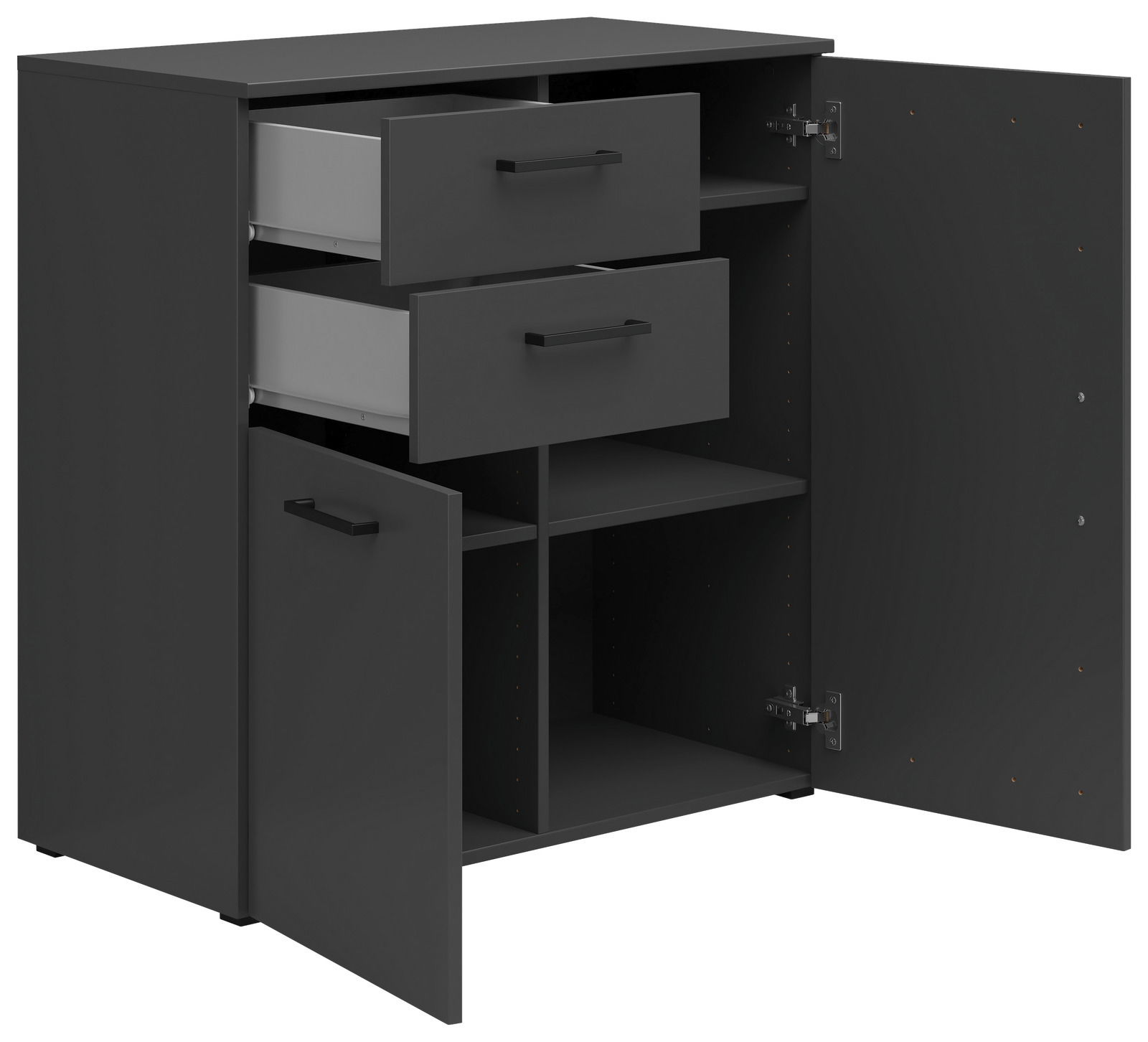 Schwarze Kommode mit zwei offenen Schubladen und zwei offenen Türen, Perspektive von vorne links