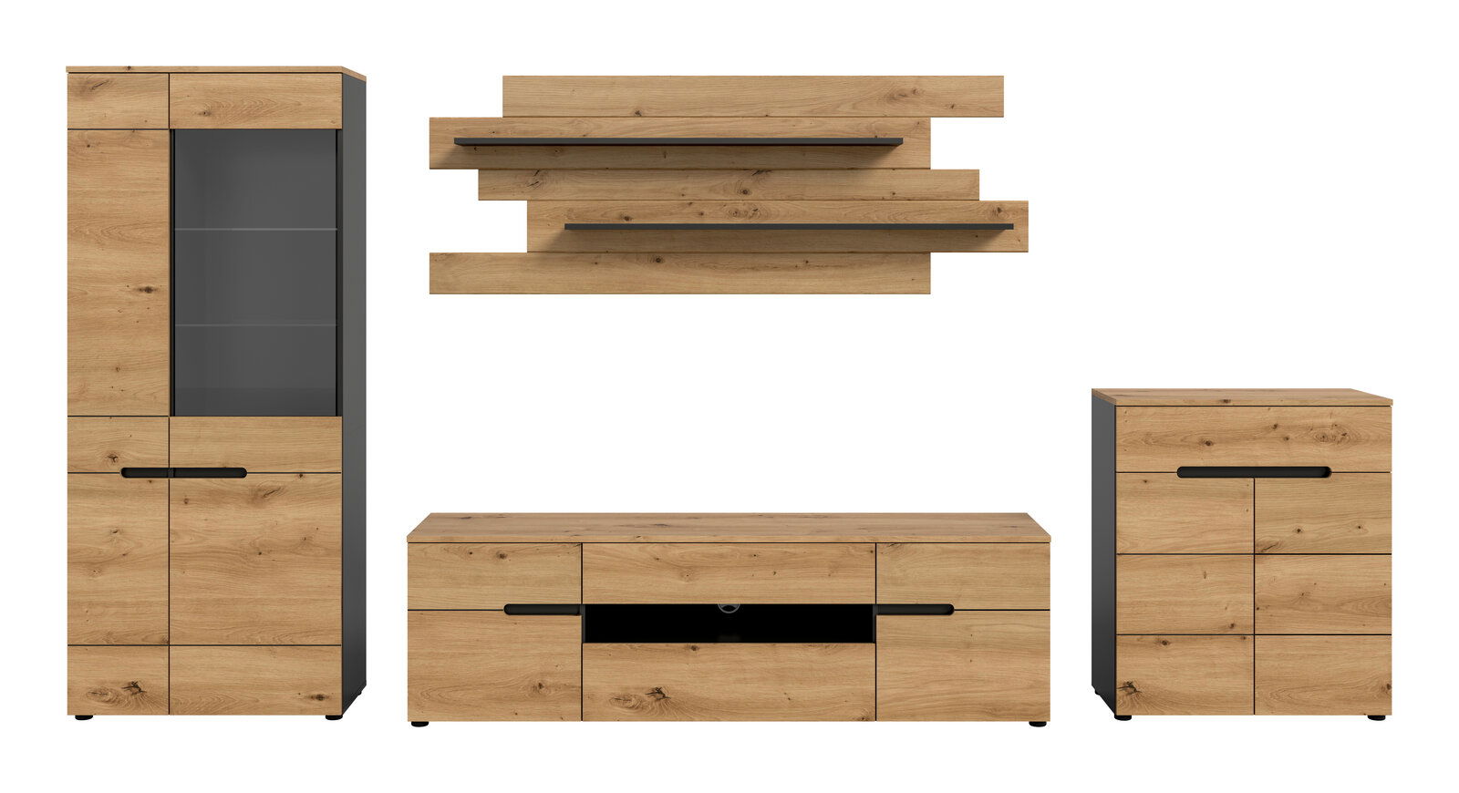 Wohnwand-Set im modernen Design mit Holzoptik in Eiche, bestehend aus Vitrine mit Glastür, Lowboard, Kommode und zwei Wandregalen mit schwarzen Akzenten, frontale Ansicht