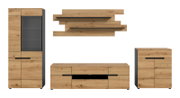 Wohnwand-Set im modernen Design mit Holzoptik in Eiche, bestehend aus Vitrine mit Glastür, Lowboard, Kommode und zwei Wandregalen mit schwarzen Akzenten, frontale Ansicht