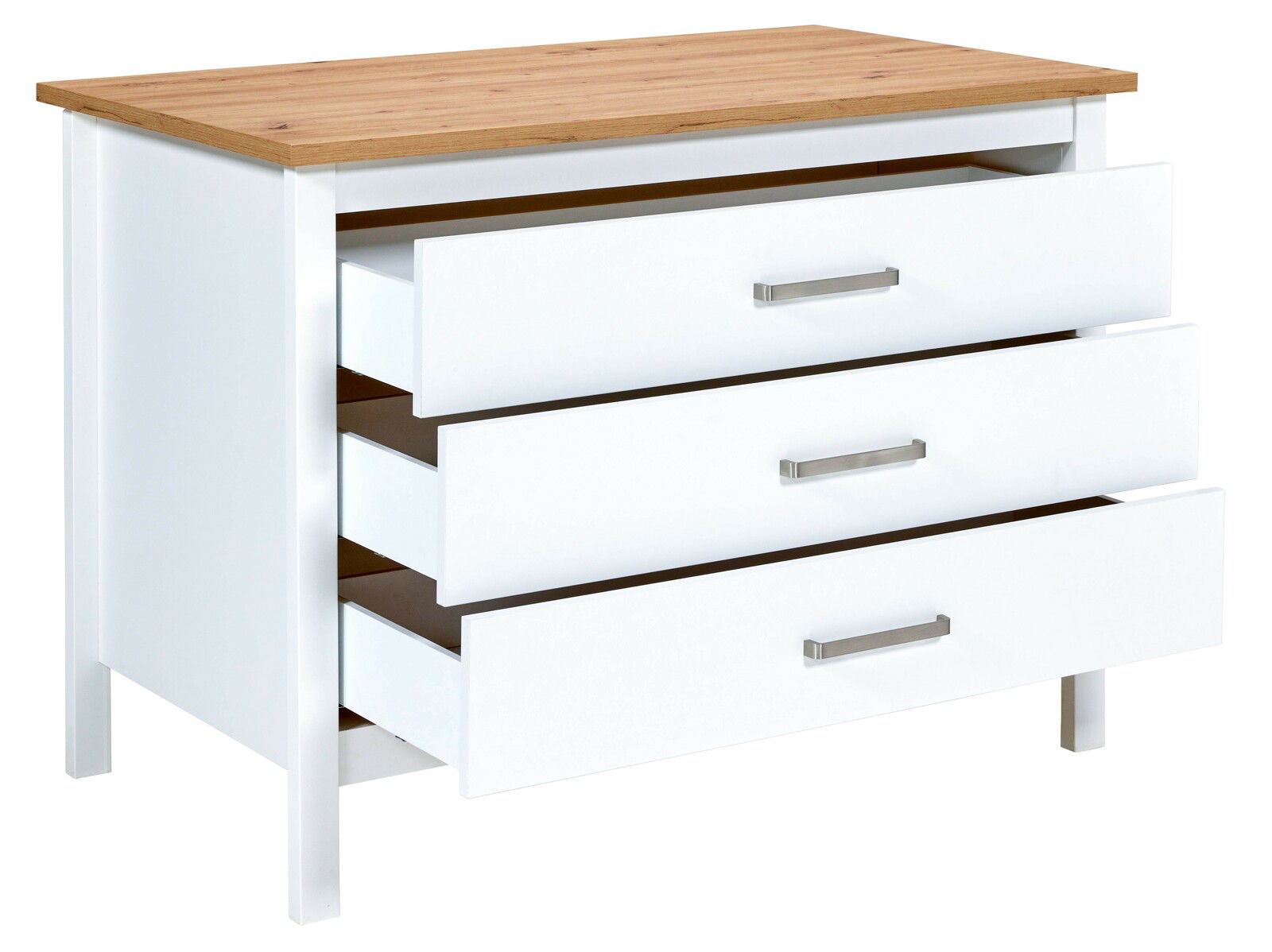 Weiße Kommode mit drei offenen Schubladen und einer Holzoberfläche, seitliche Perspektive