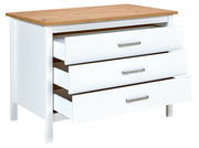 Weiße Kommode mit drei offenen Schubladen und einer Holzoberfläche, seitliche Perspektive