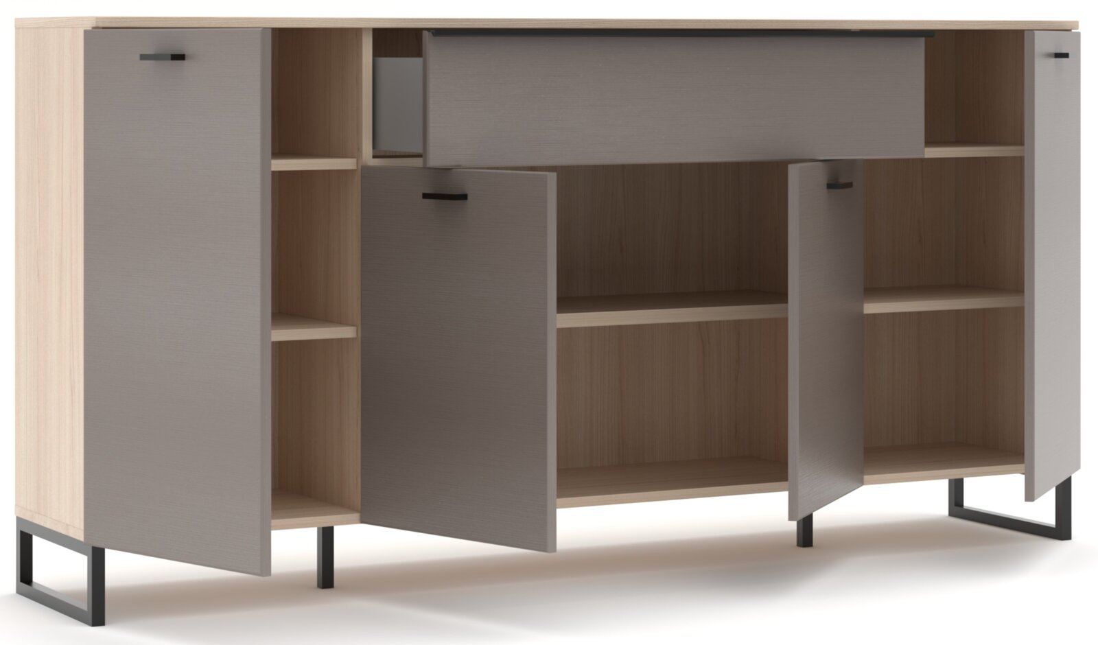 Modernes Sideboard/Kommode in Holzoptik mit grauen Fronten und schwarzen Metallfüßen, mit offenen Türen und sichtbaren Regalfächern, Frontansicht leicht schräg von links