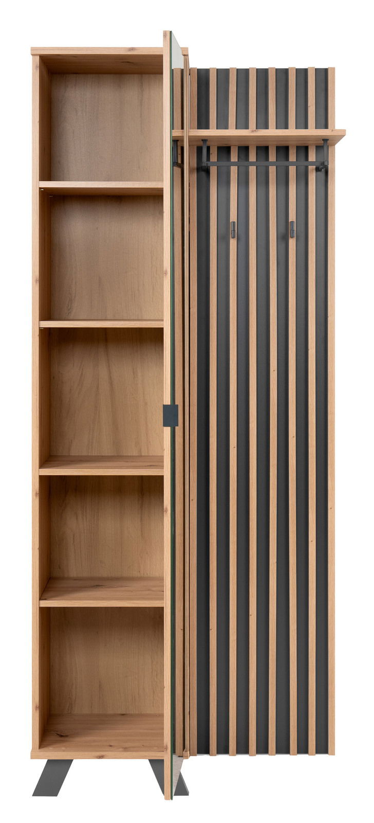 Garderobe aus Holz mit offenen Regalfächern und Haken, Frontansicht