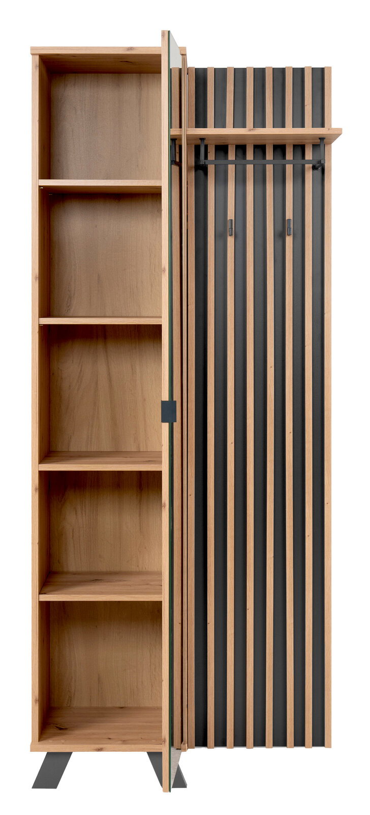 Garderobe aus Holz mit offenen Regalfächern und Haken, Frontansicht