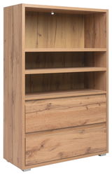 Holzregal mit zwei Schubladen und drei offenen Fächern, seitliche Perspektive