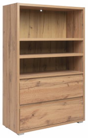 Holzregal mit zwei Schubladen und drei offenen Fächern, seitliche Perspektive