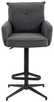 Grauer Barhocker mit gepolstertem Sitz und Rückenlehne, aus der Frontalperspektive fotografiert.