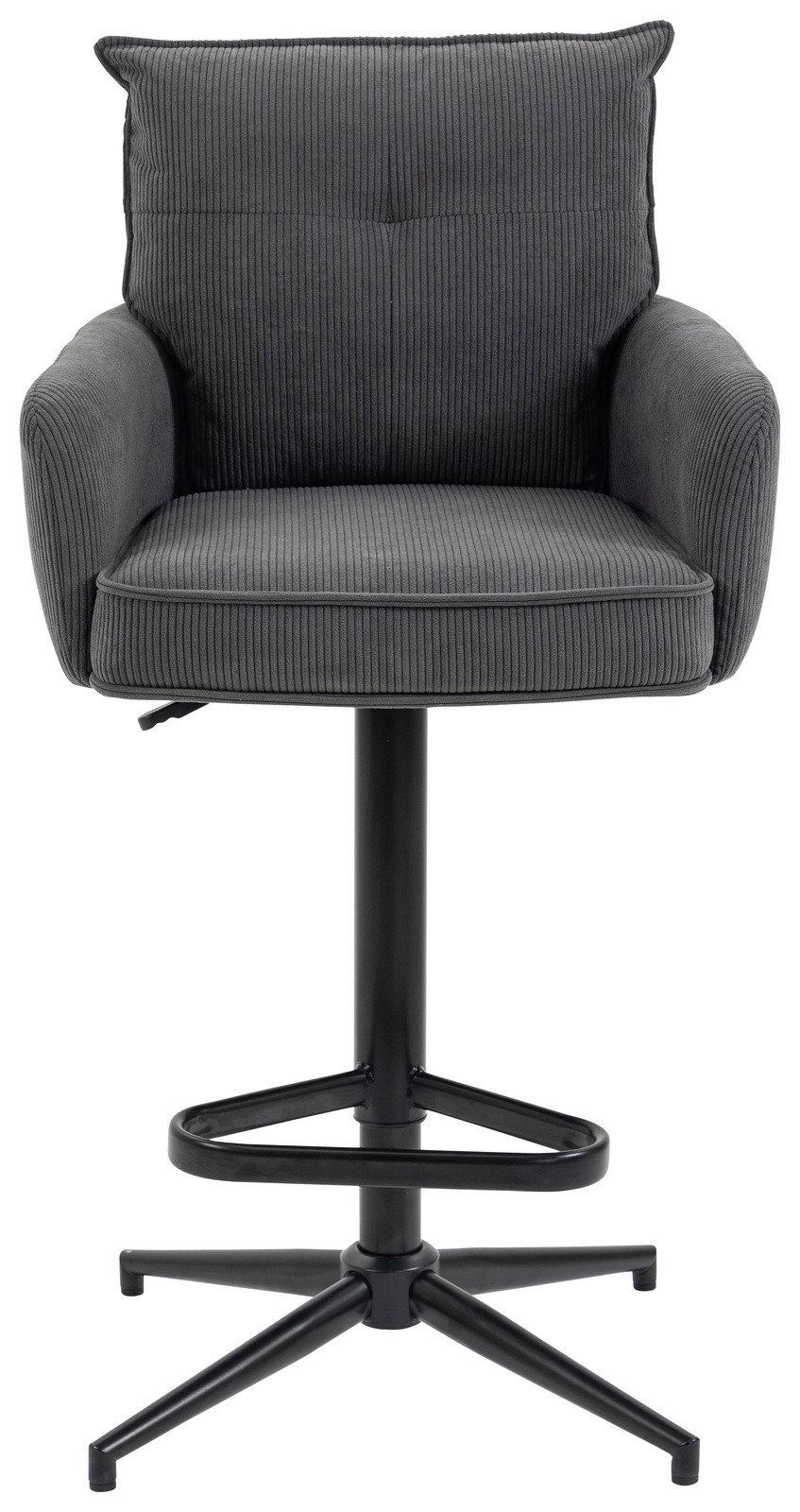 Grauer Barhocker mit gepolstertem Sitz und Rückenlehne, aus der Frontalperspektive fotografiert.