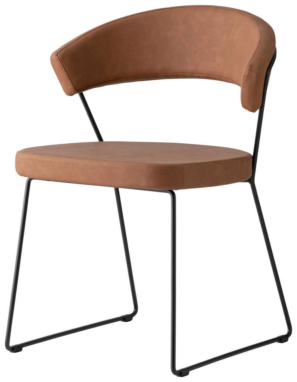 Moderner Stuhl mit braunem Lederbezug und schwarzem Metallgestell, seitliche Perspektive