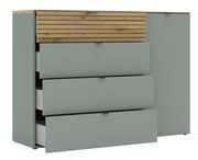 Kombi-Kommode mit drei offenen Schubladen und einer Holztür, seitliche Perspektive