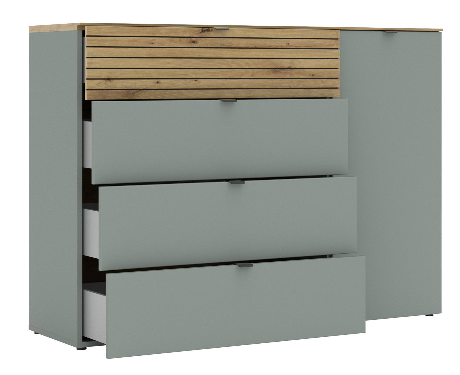 Kombi-Kommode mit drei offenen Schubladen und einer Holztür, seitliche Perspektive