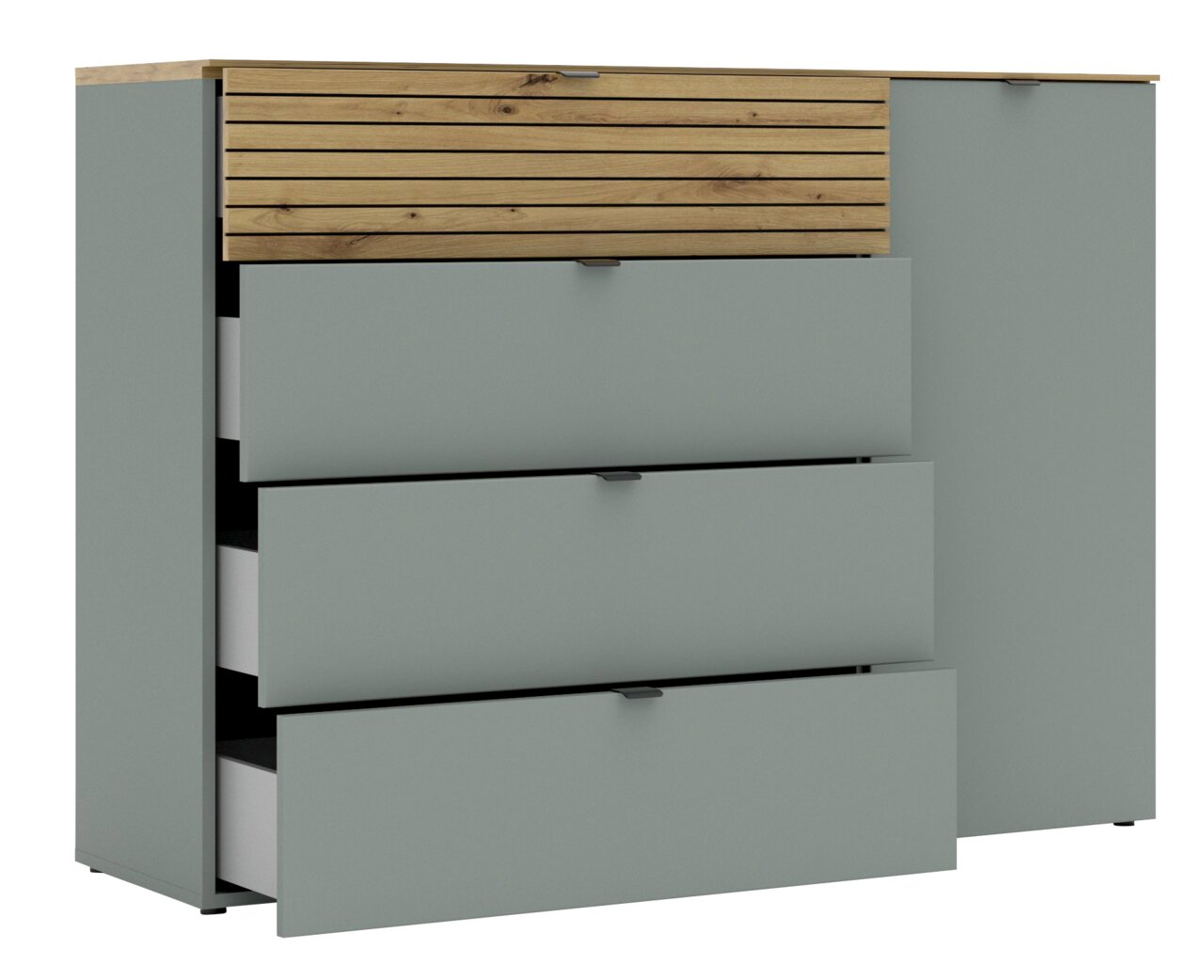 Combinatiecommode met drie open lades en een houten deur, zijaanzicht
