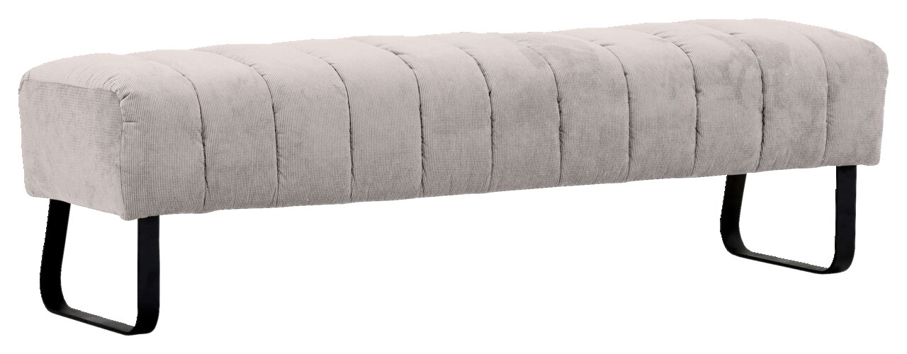 Novel 2,5er-Sitzbank LAILA Graue 2,5er-Sitzbank mit gestepptem Stoffbezug und schwarzen Metallbeinen, seitliche Perspektive