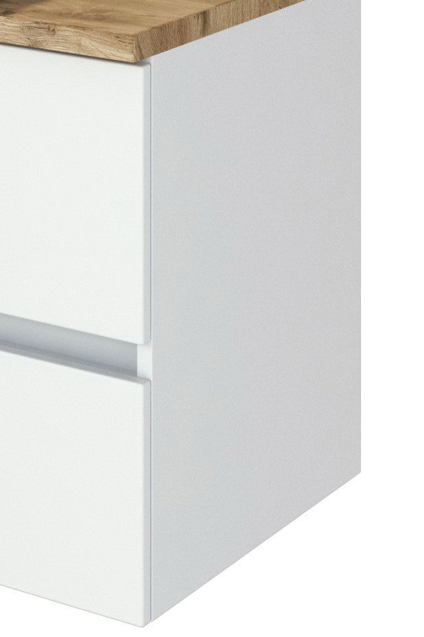 Waschtisch-Set mit weißem Korpus und Holzoberfläche, seitliche Perspektive