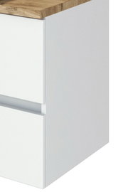 Waschtisch-Set mit weißem Korpus und Holzoberfläche, seitliche Perspektive