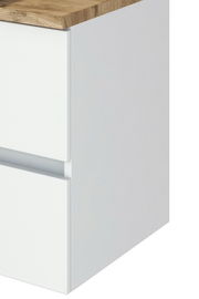 Waschtisch-Set mit weißem Korpus und Holzoberfläche, seitliche Perspektive