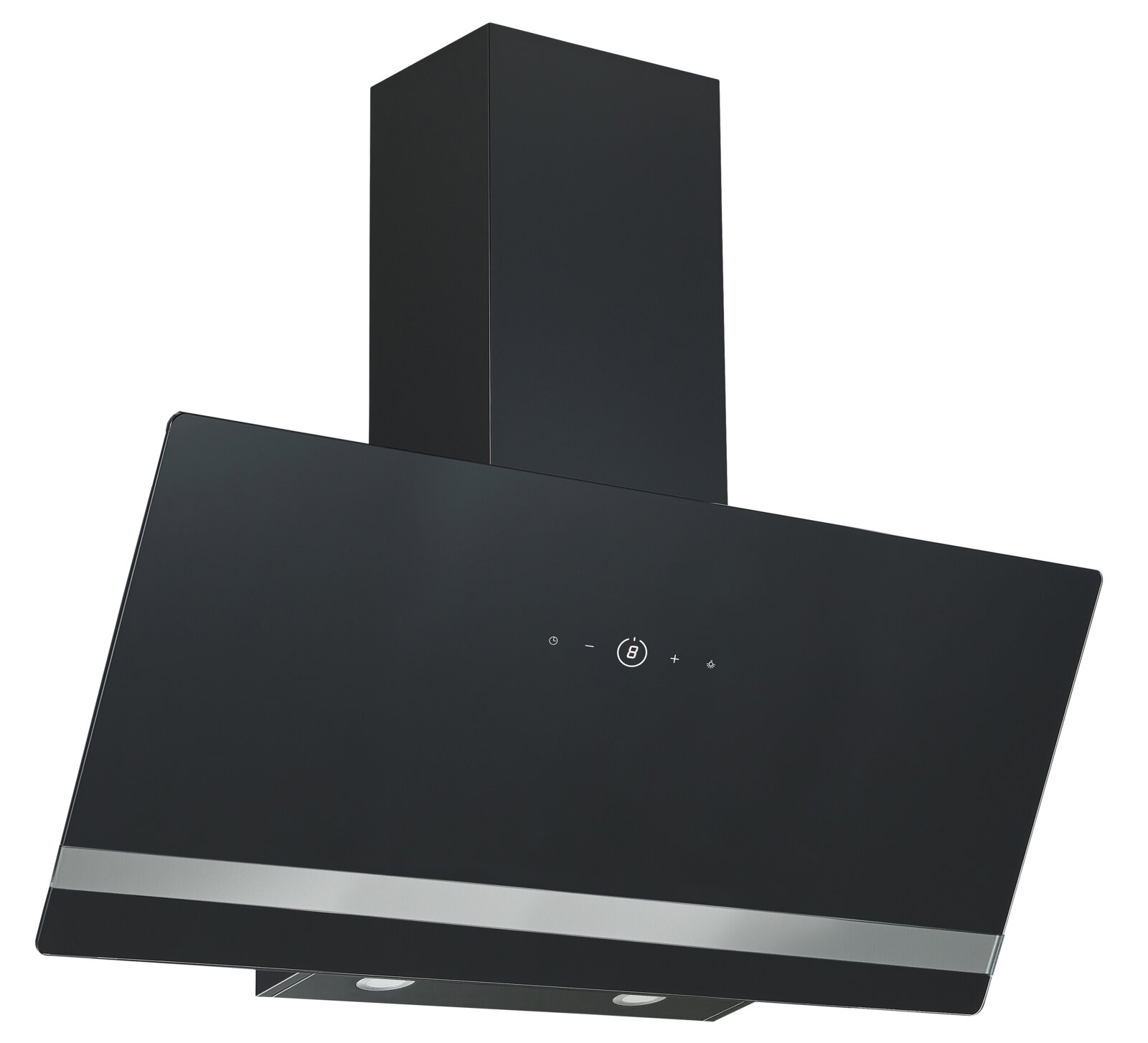 Moderne schwarze Dunstabzugshaube mit schrägem Design, Frontansicht