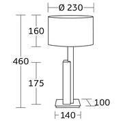 Technische Zeichnung einer Tischleuchte mit zylindrischem Lampenschirm, Gesamtmaße: Höhe 460 mm, Schirmdurchmesser 230 mm, Seitenansicht.